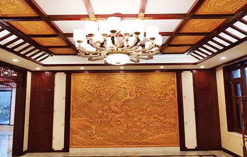 赫章中式别墅客厅中式木作横梁吊顶装饰展示